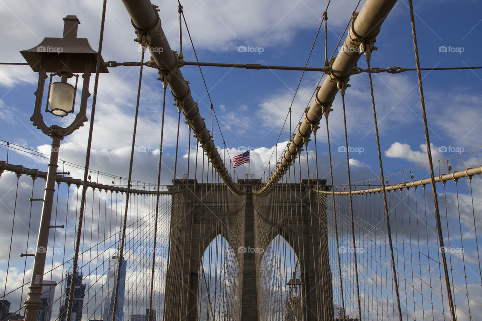 Brooklyn Bridge cables, tower and lamp