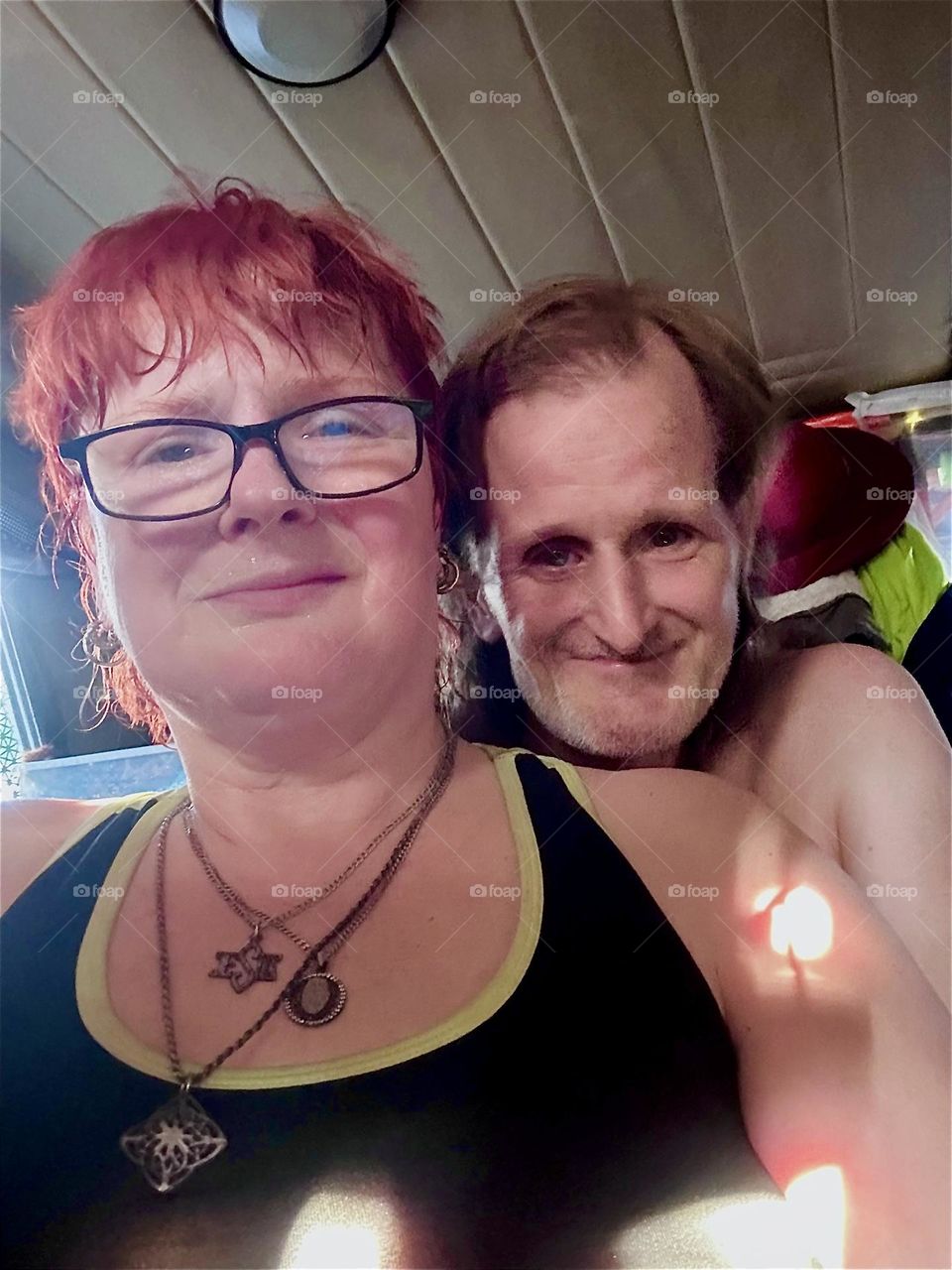 This is the happy couple aboard “Salvation”, a “28 foot 1969 Luhrs” cabin cruiser at “Newtown Creek” by the “Pulaski Bridge” in LIC, Queens: myself, “Petra Schiller” a.k.a. “Maxine Firefox” and my partner “Timothy Trespas”. 2024. Hypnotic Productions