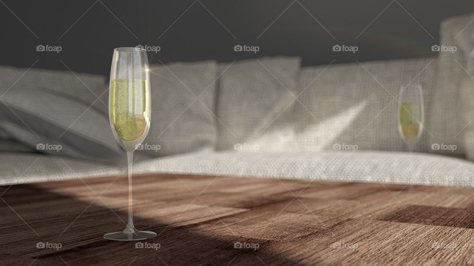 Glass with champagne - modern living room

Happy New Year - cheers - glasses with champagne in modern living room. Sunlight lighting to sofa and coffee table.