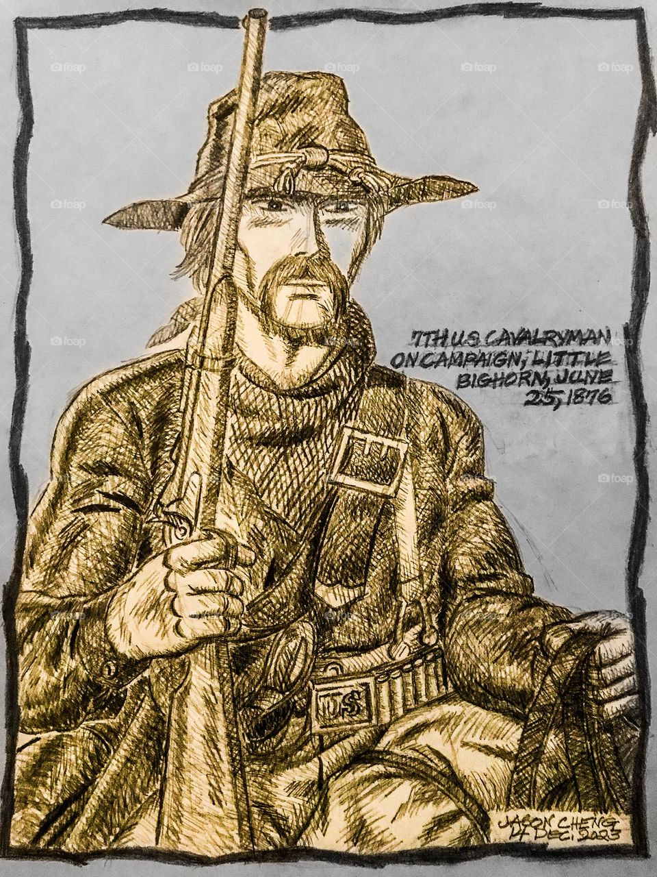 A pencil rendering of a frontier US Cavalryman in 1876.