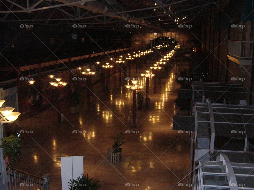 Train station at night. Light poles in train station at night.  Photo taken in St. Louis.