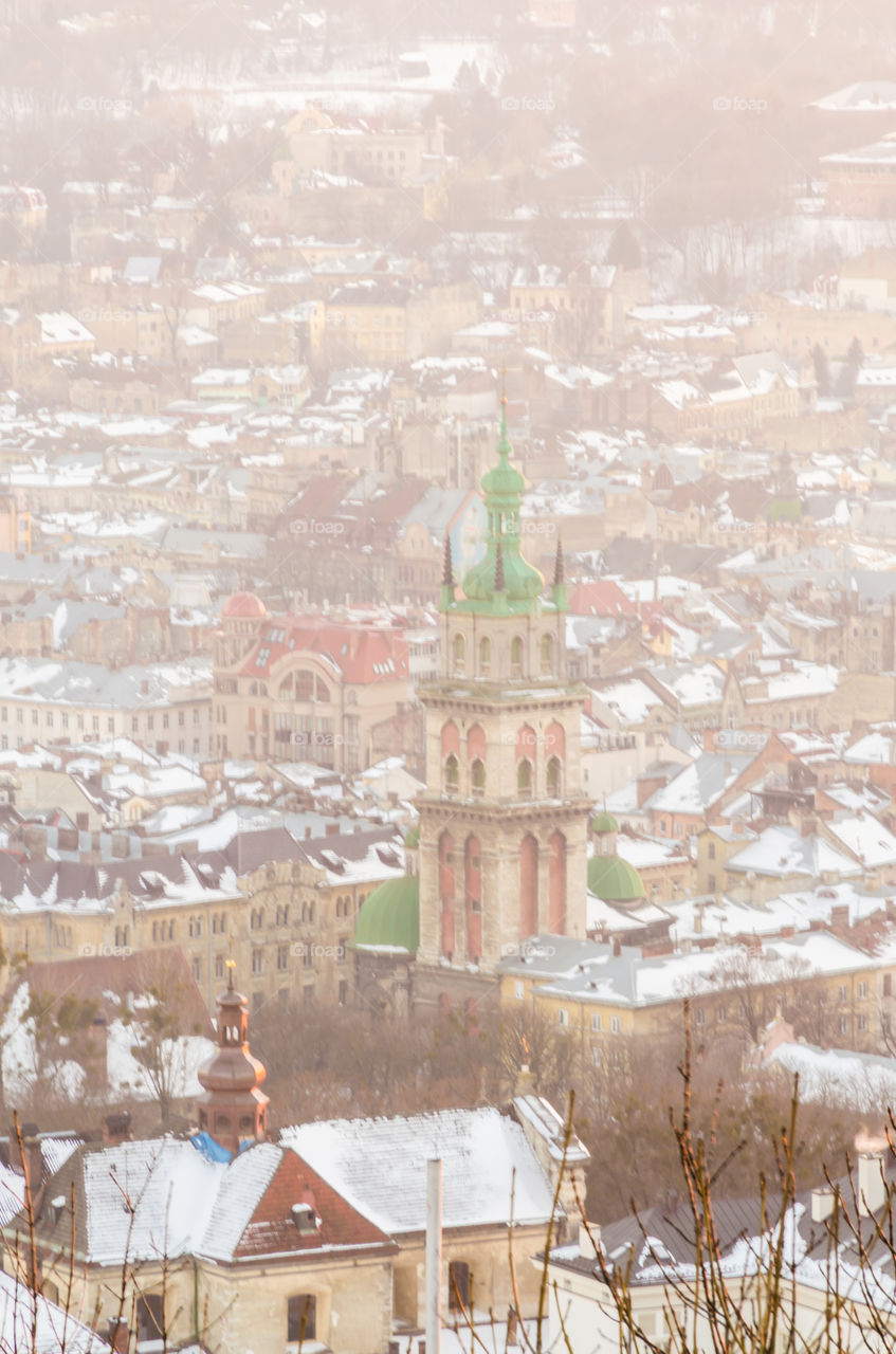 Lviv cityscape during the sunset