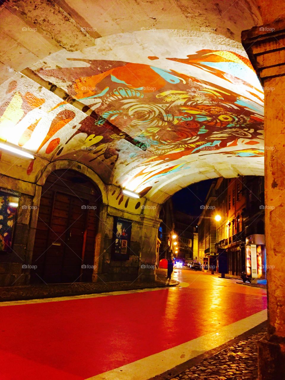 Colorful empty street at night