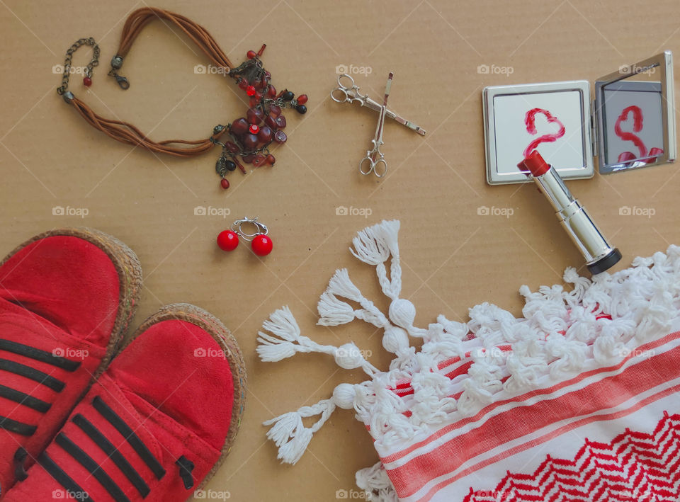 Red garments flatlay