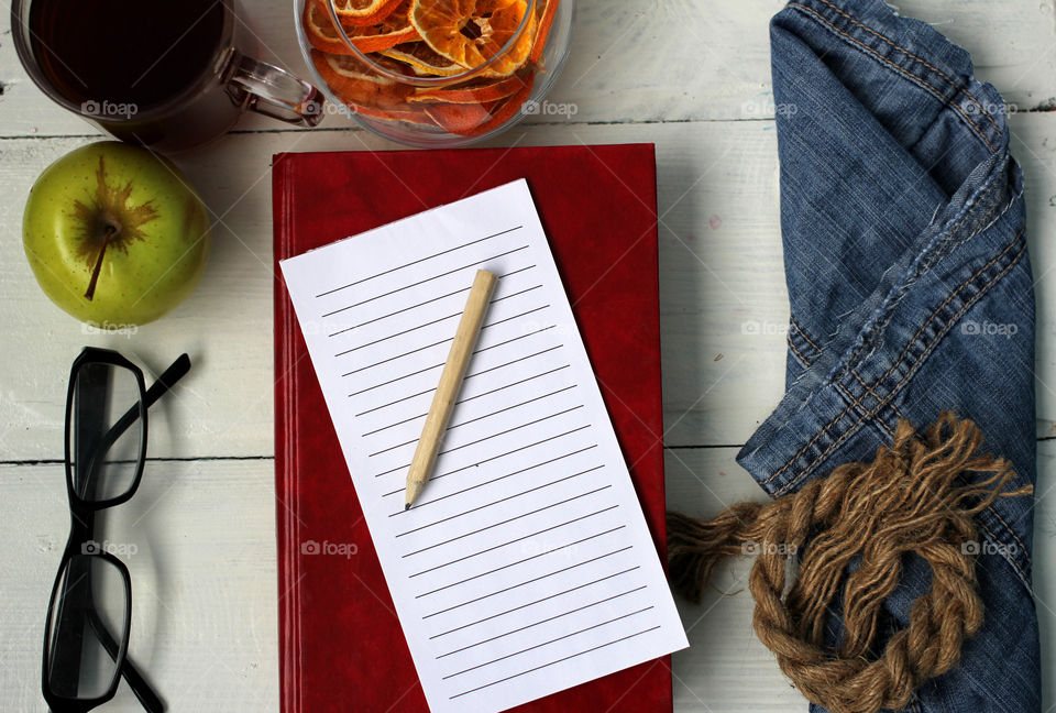 Book, pencil, fruit, apple, oranges, tea, relaxation, healthy eating, eating