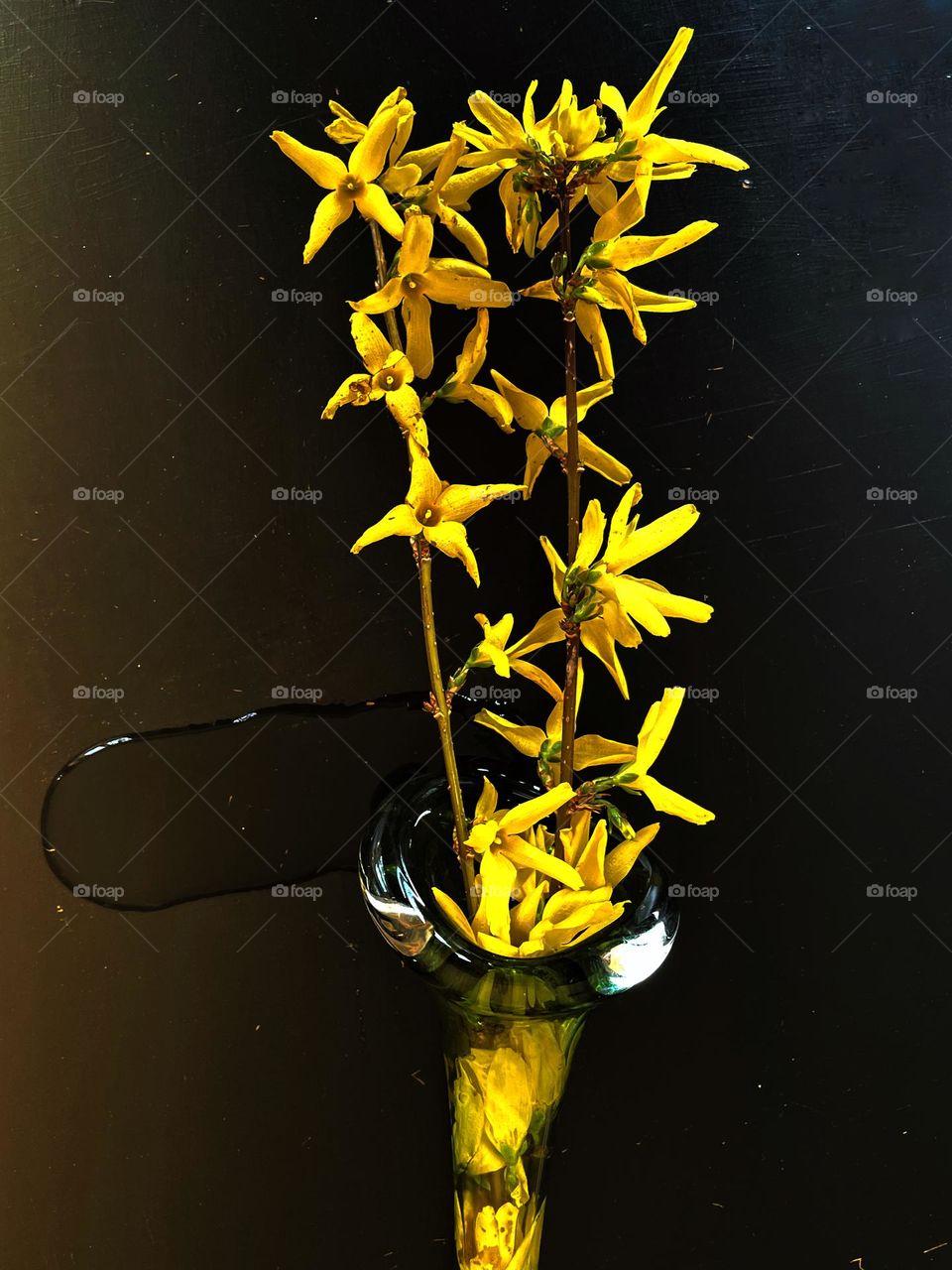 Close up of flower in vase on table and puddle 