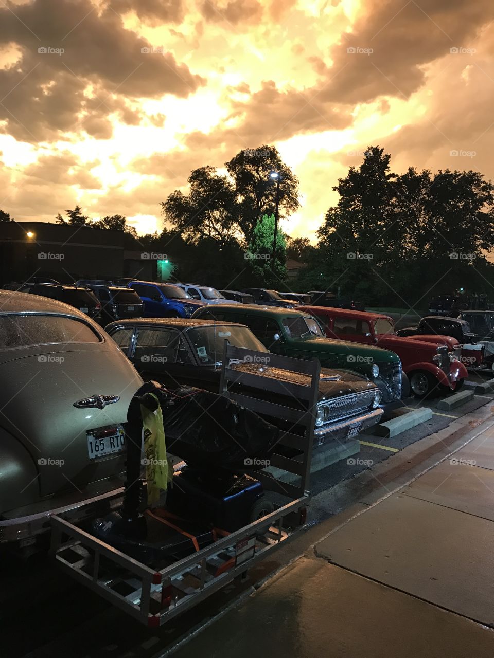 Classic cars during a spring storm