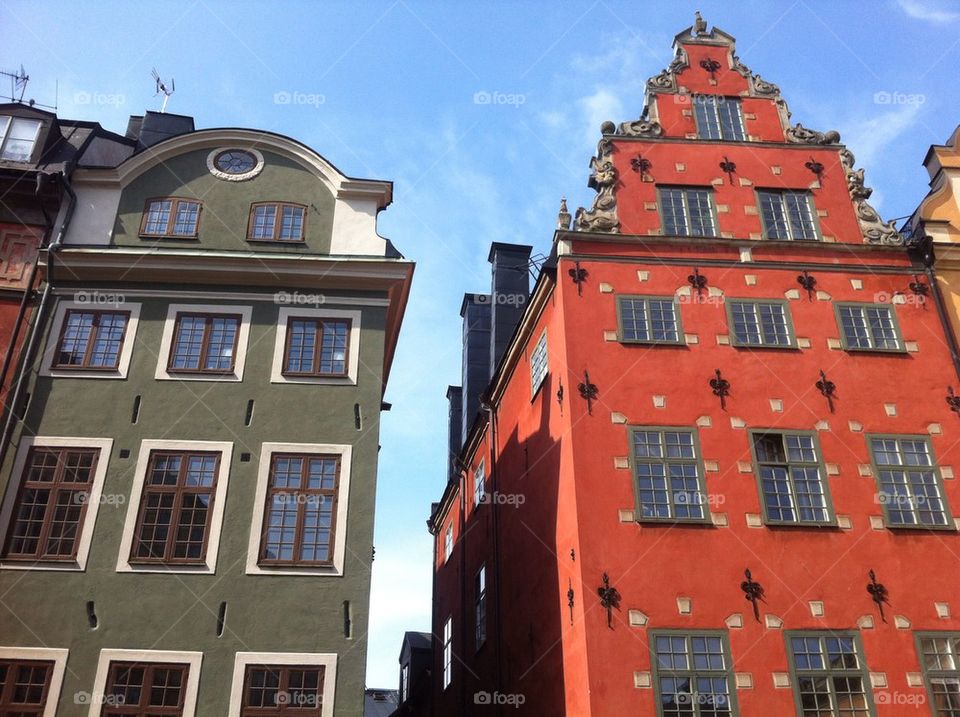 View over two buildings in Stortoget, Gamla Stan, Stockholm