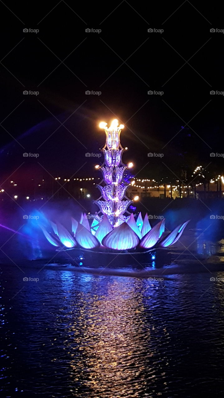 Brilliant blue light captivates the night over the waters of Discovery River during Rivers of Light at Animal Kingdom at the Walt Disney World Resort in Orlando, Florida.