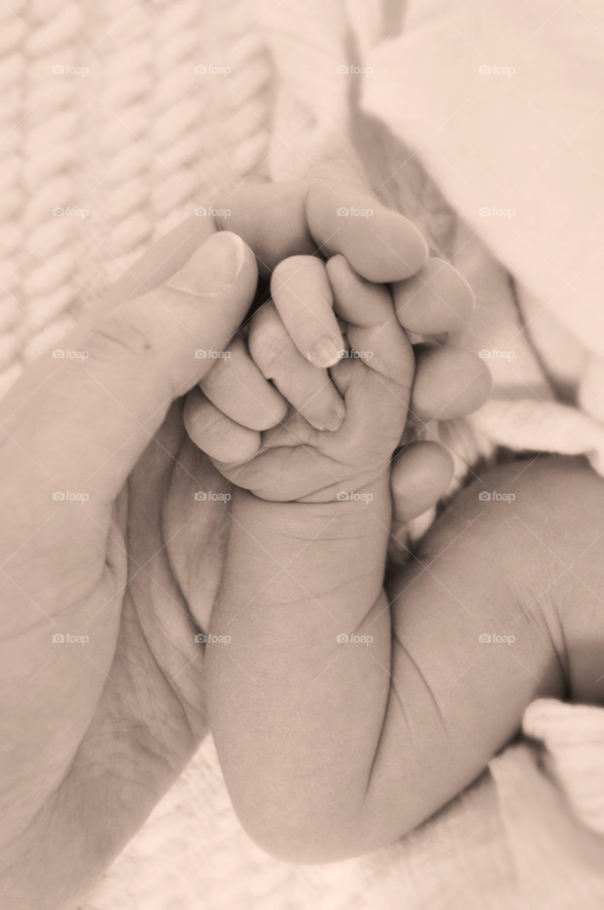 Parent hand holding newborn baby's hand