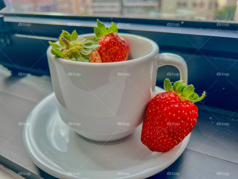 A clean and modern white cup full of fresh and juicy strawberries, with an additional strawberry resting on the saucer. The soft daylight illuminates the scene, enhancing the vibrant textures of the fruits