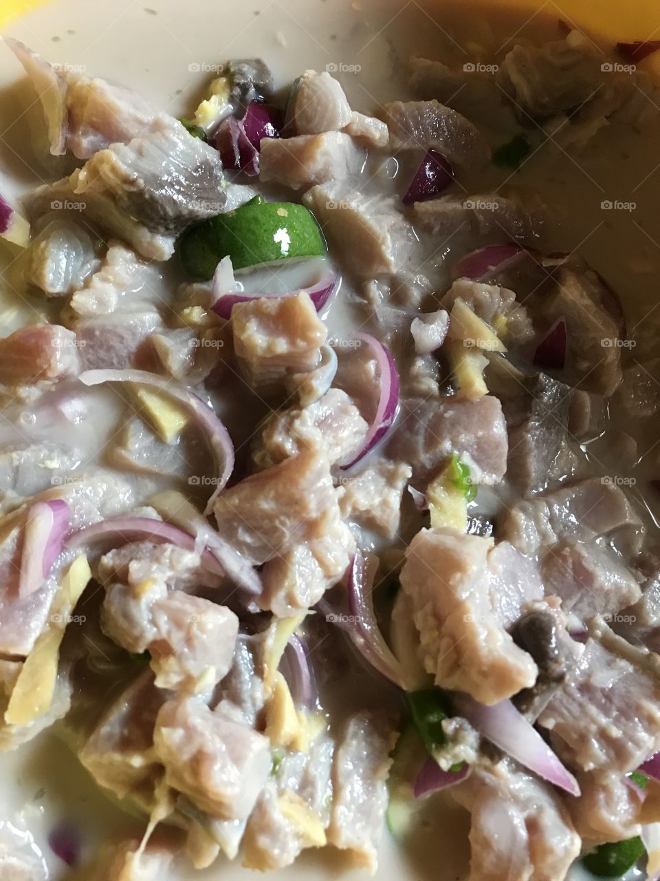 This is called "Kinilaw" for locals in the Philippines. Made with coconot vinegar, tuna, ginger, onions, lemon and the secret ingredient Tabon-tabon (Hydrophytune orbiculatum).