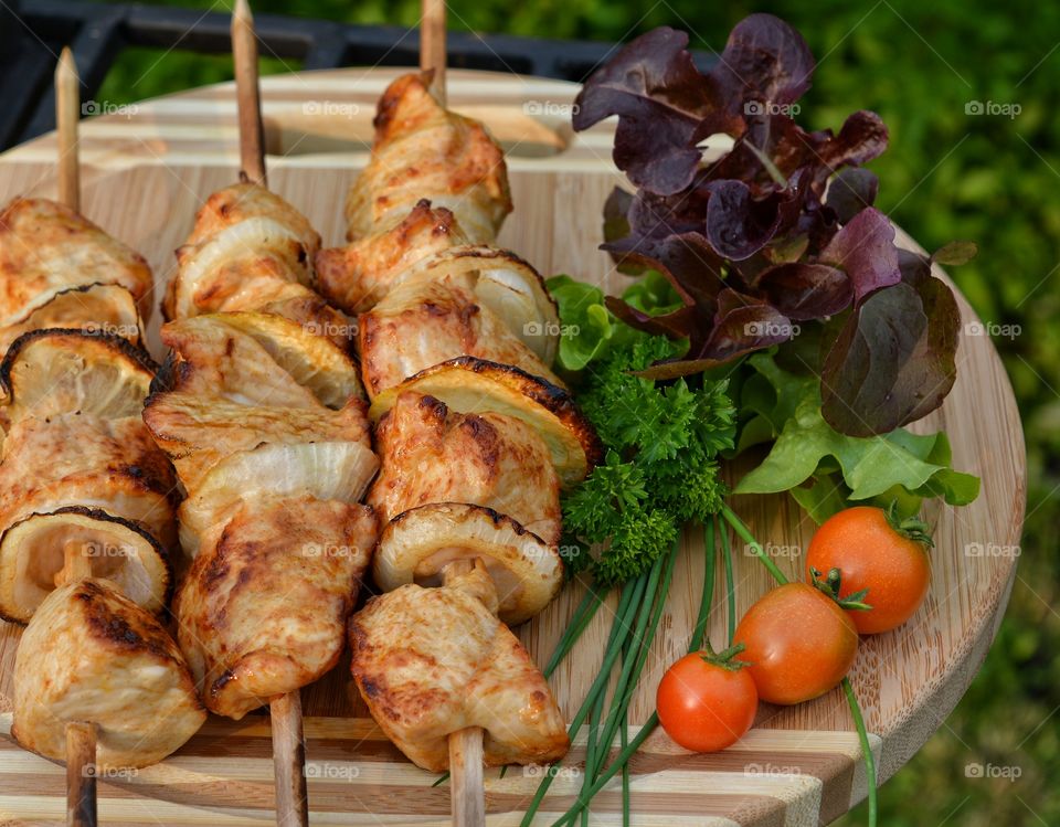Close-up of chicken skewers