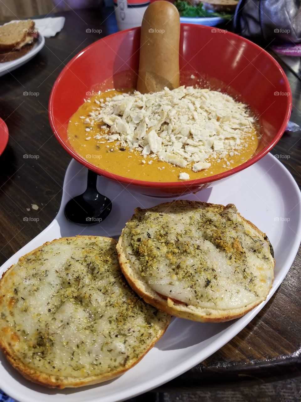 pizza bagel sandwich with soup