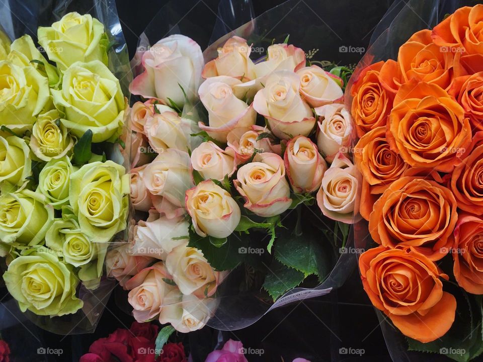 Spring rose bouquets in local market