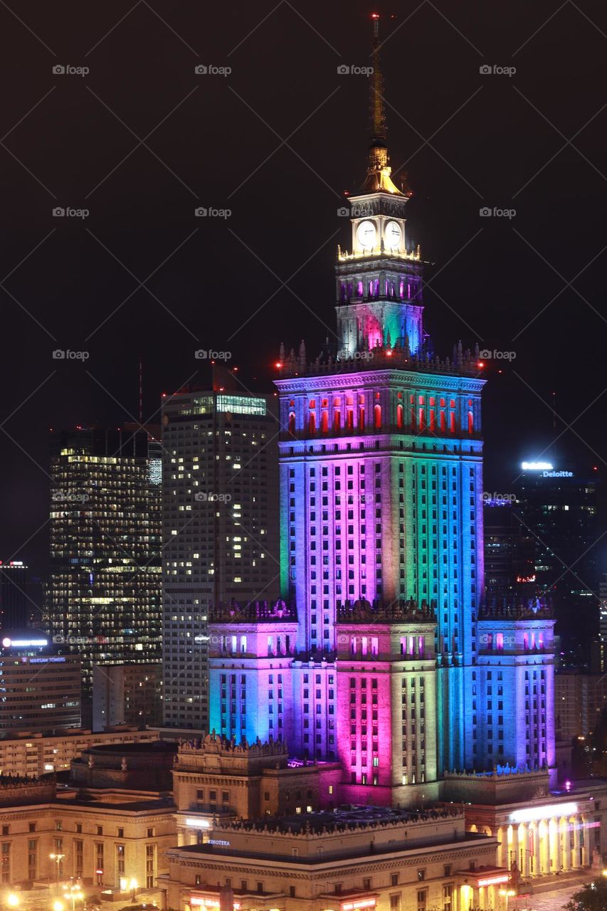 skyscraper highlighted in rainbow colors