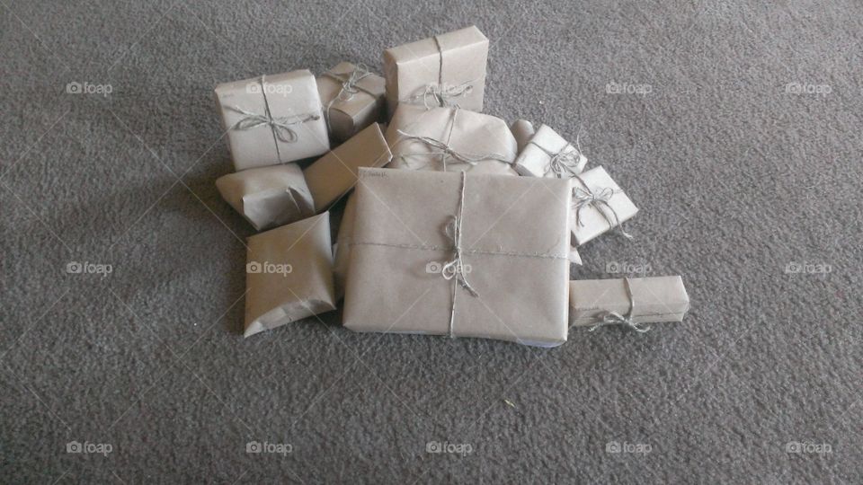 Packages. We had brown paper and twine on hand. Why spend extra on Christmas paper?