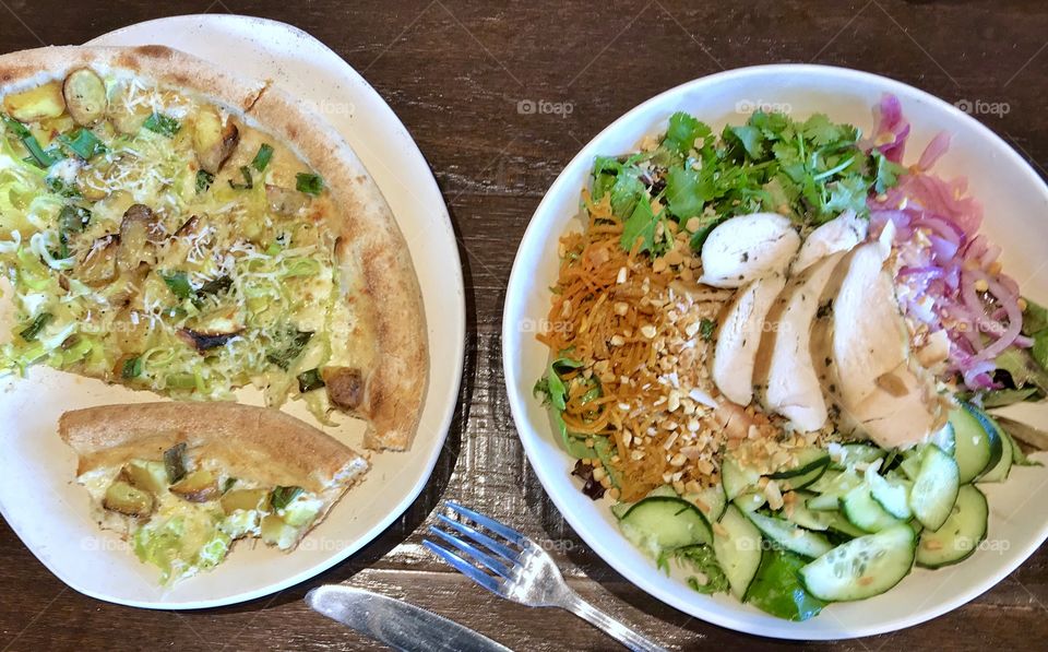 Thai Coconut Ginger Chicken Salad & Truffled Potato Pizza