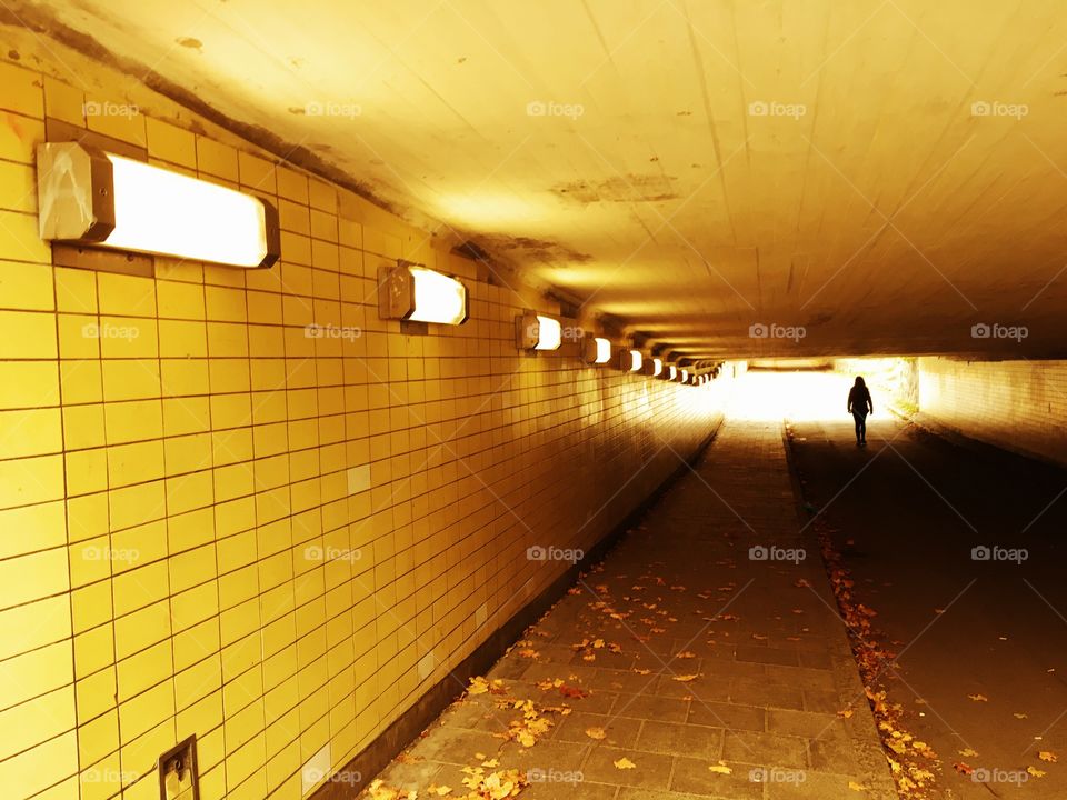 Yellow tunnel with yellow autumn leaves.