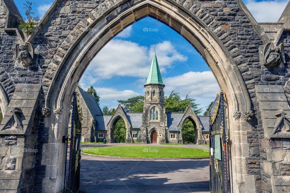 Cathays Cemetery, Cardiff, Wales, UK. View of fantastic architecture of chapel in Cardiff main cemetery