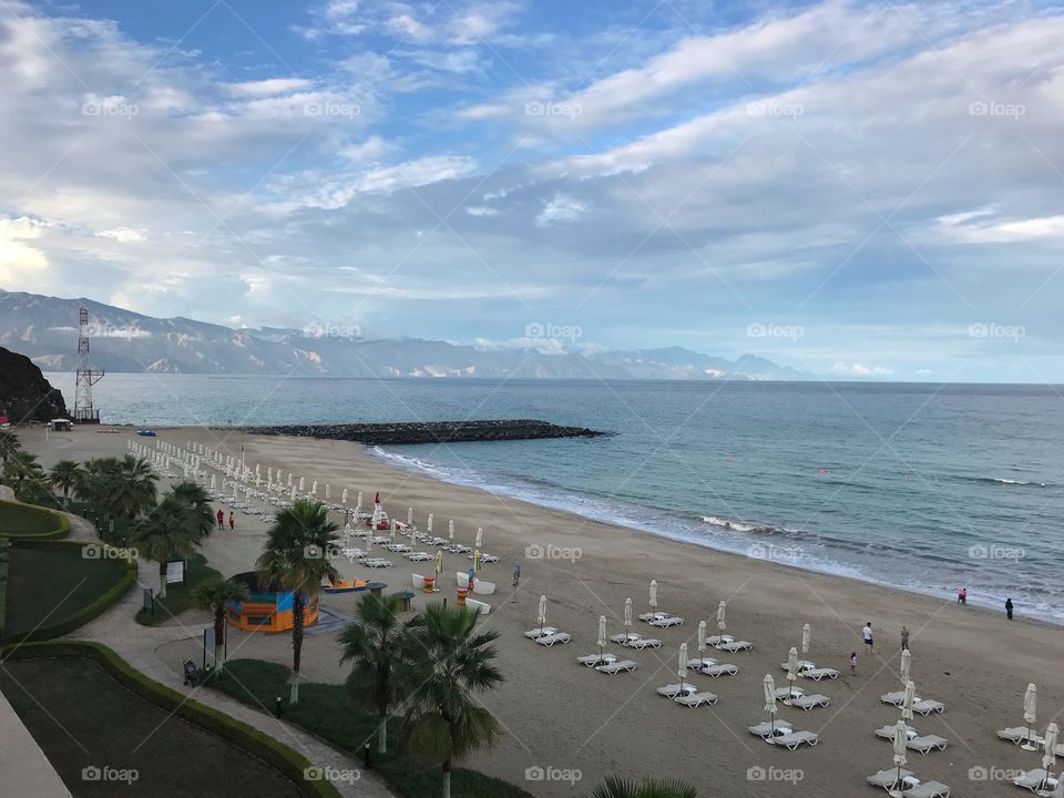 Beach and Mountain View early in the morning in Fujairah UAE