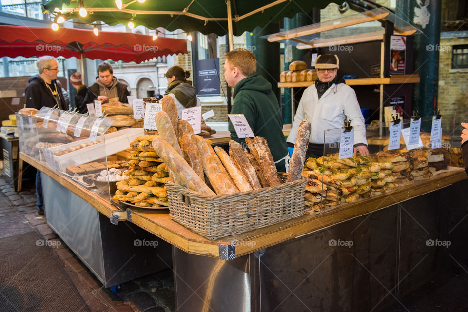 Bread stand at the food market Borough Market in London.