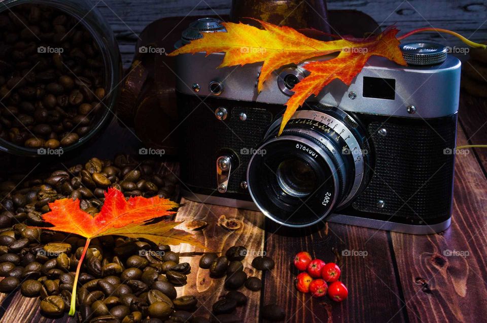 coffee been still life on wooden background