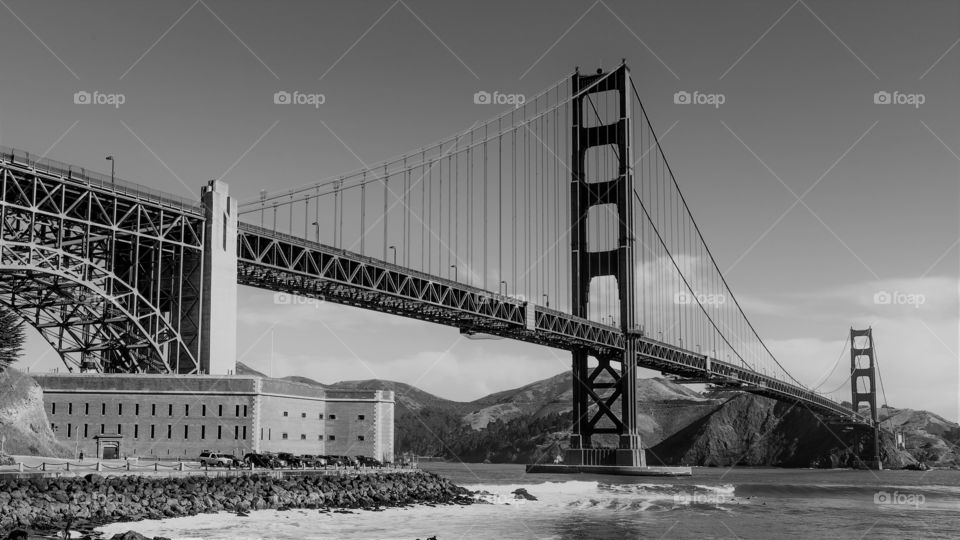 Black and White of the Golden Gate Bridge on a clear day.