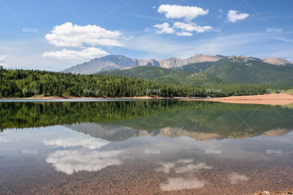 View of Pikes Peak from Crystal Creek Reservoir in Colorado Springs