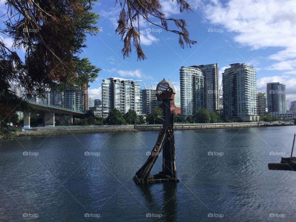 Cityscape View of Vancouver from the SeaWall along the Pacific Ocean 
