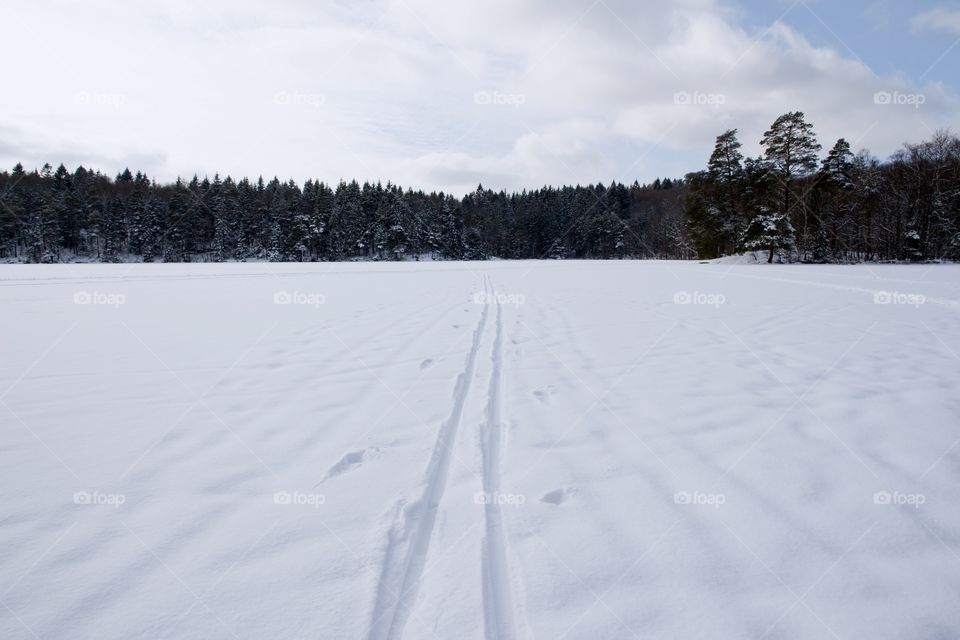 Ski trails on snowy frozen lake in the forest, Sweden - skidspår på frusen snöig is i skogen, kåsjön Partille Sverige 