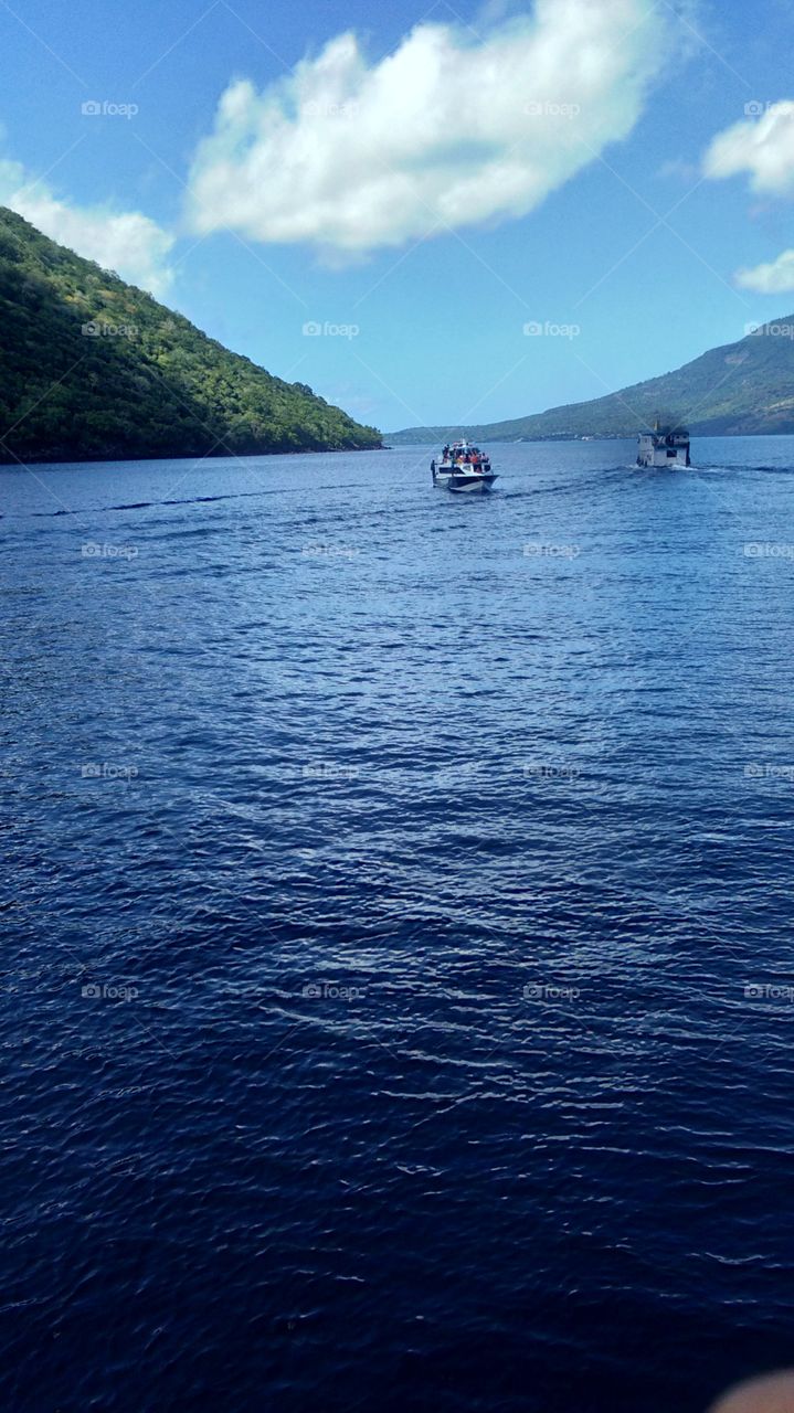 The beauty of the islands with the blue sea. Larantuka narrow strait. The strait is flanked by the islands of Flores, Adonara and Solor