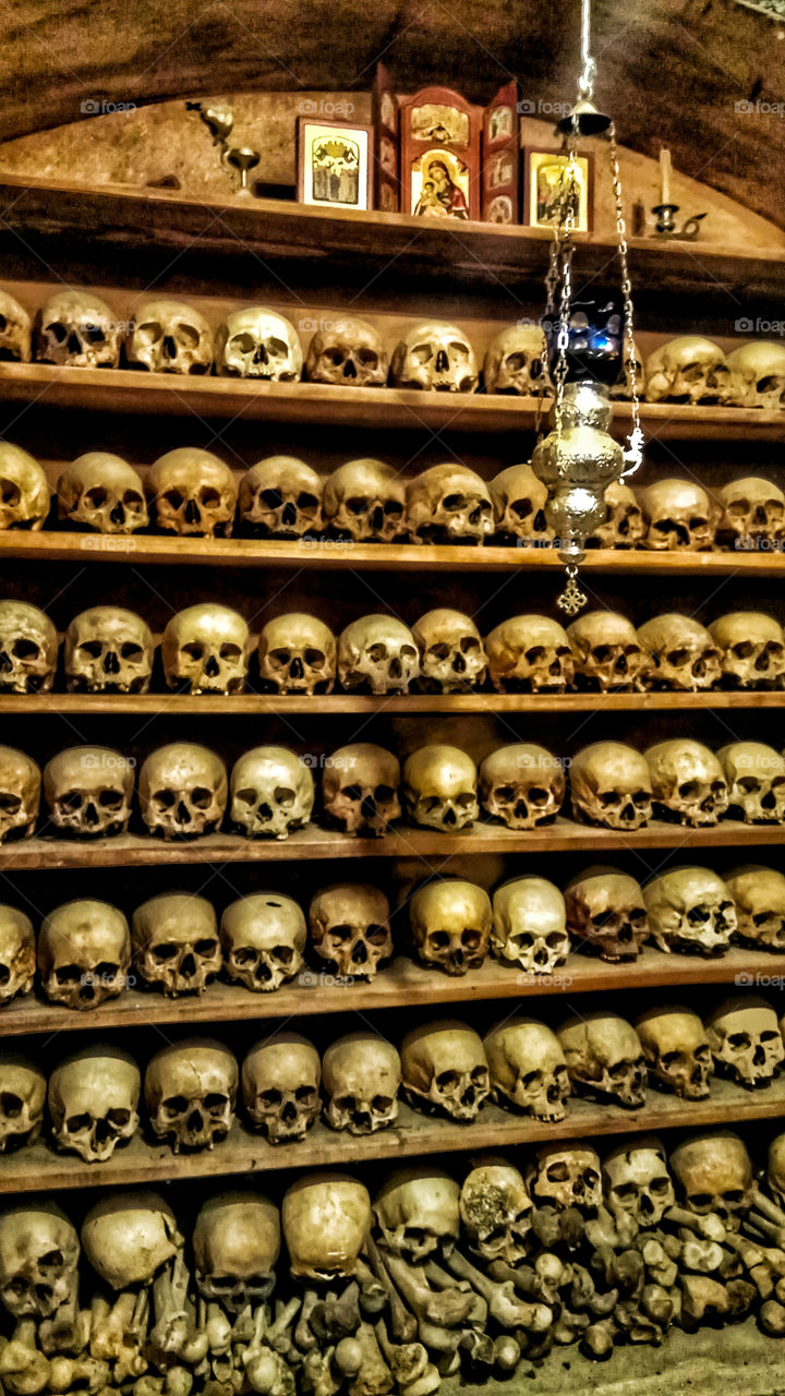 Eerie ossuary room in Meteora,Greece