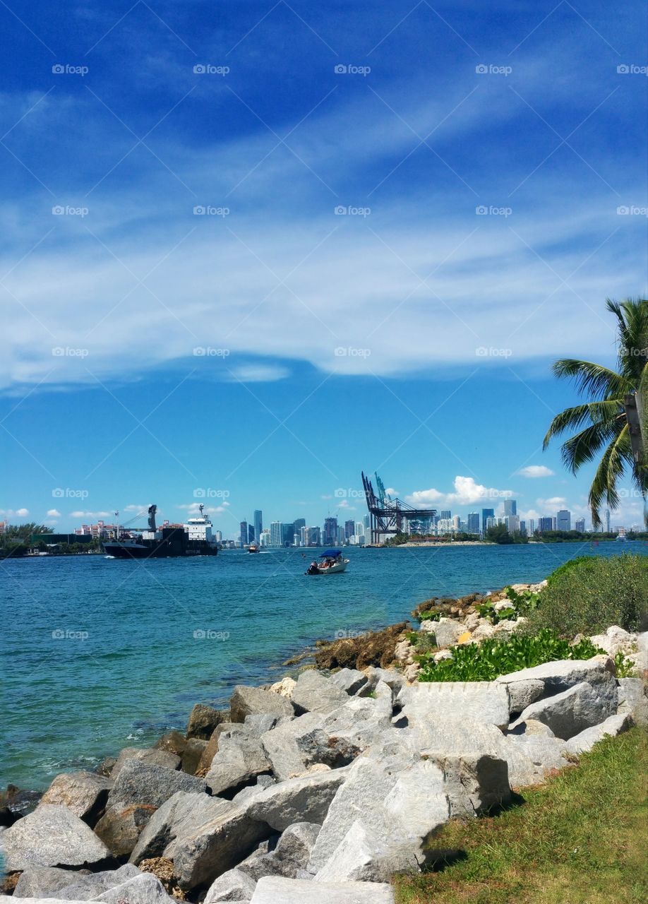View of Dodge island and Miami from waterway