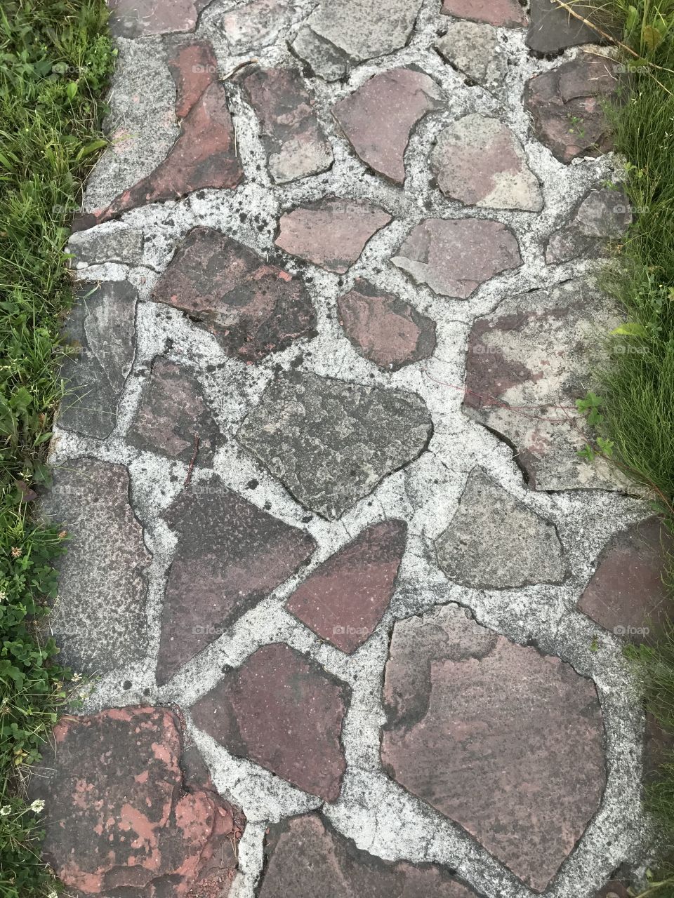 Rock pathway with concrete and grass