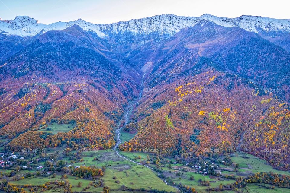 Colorful autumn scene of mountain scape along the way in Georgia 