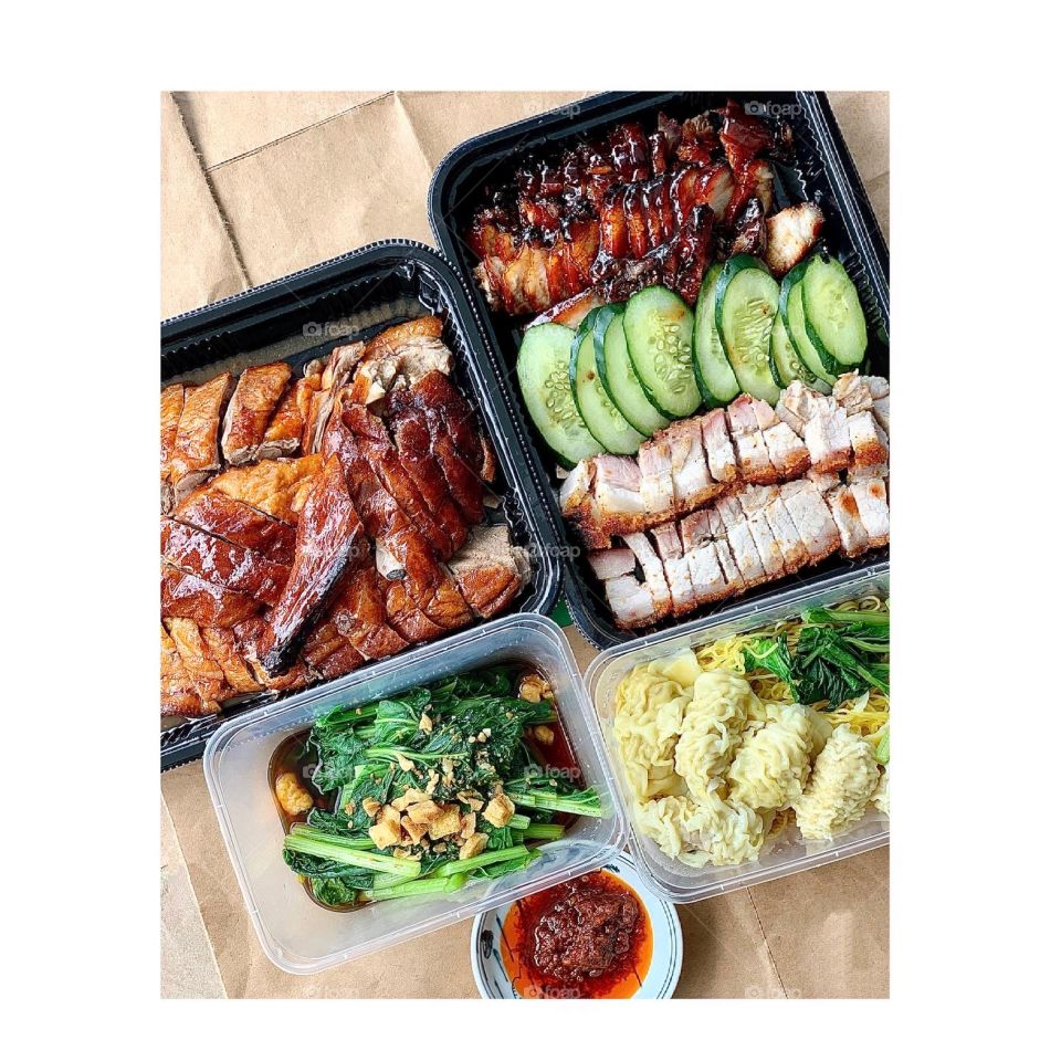 Dang gui duck, roasted pork belly, char siew, century egg dumpling and vegetables 