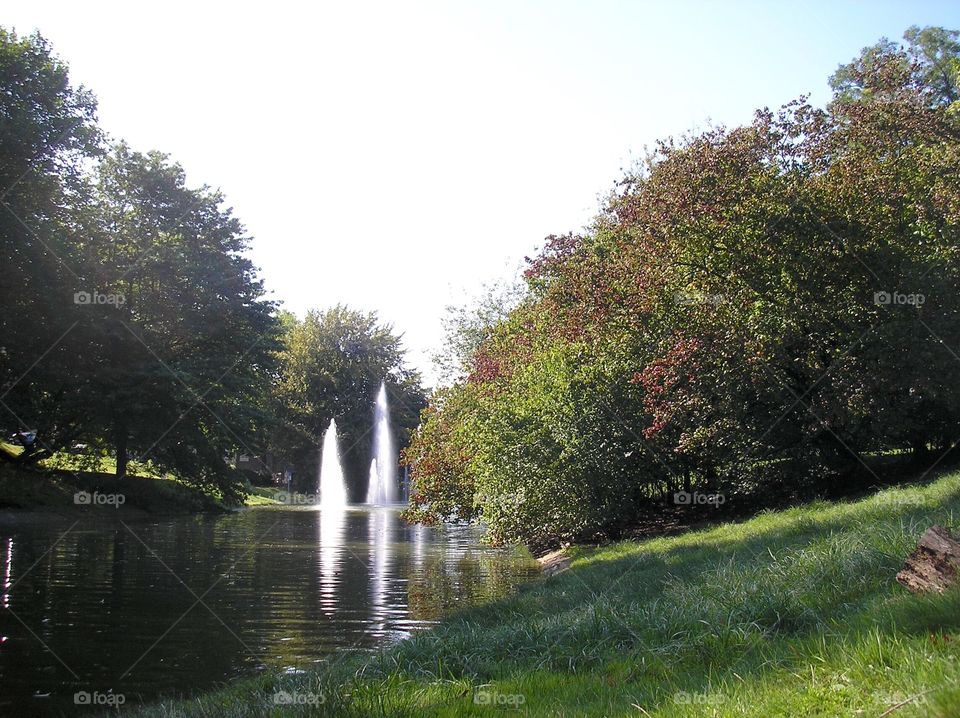 Fountain in the lake of a park in Bochum