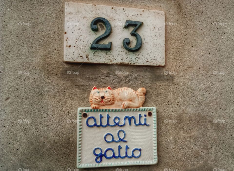 Tuscany, Italy. Street sign with cat