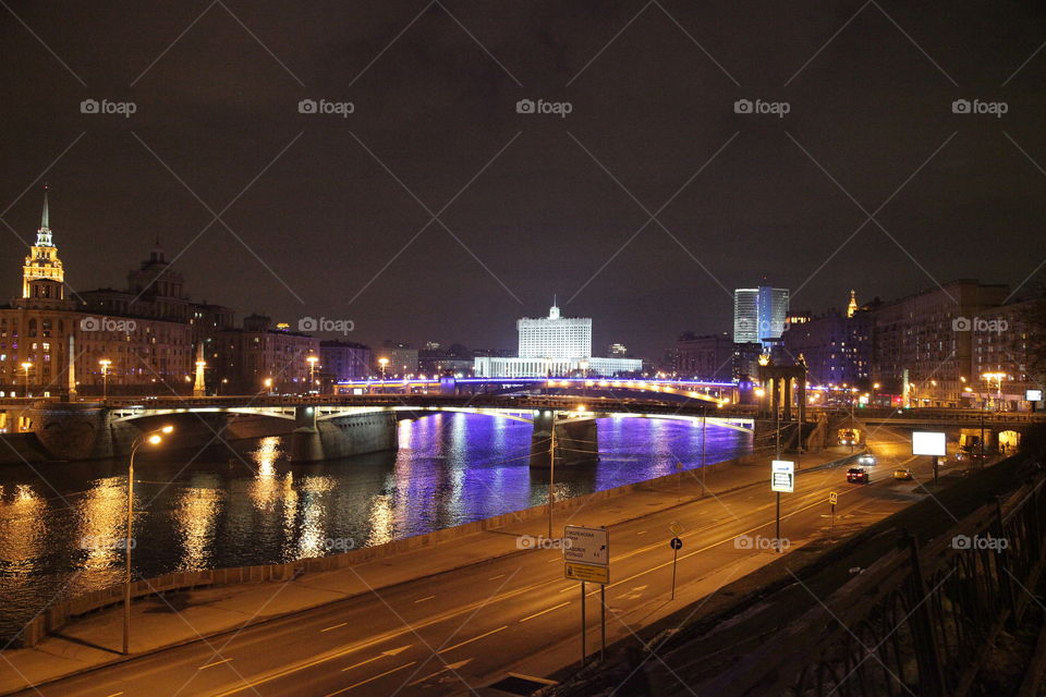 Berth, sunset, river,  Moscow, city, night city, Moscow does not sleep