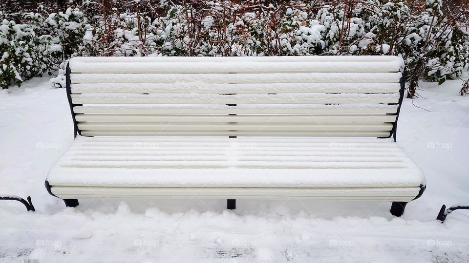 Snow covered bench in the park🤍❄️🤍 Winter ❄️❄️