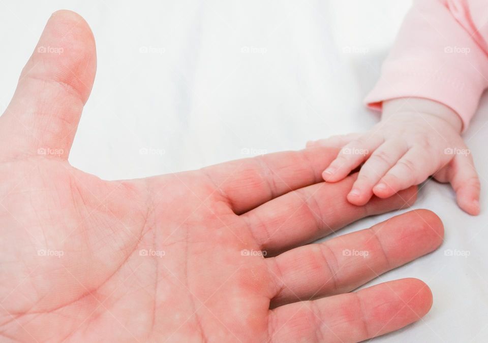 Beautiful portrait of a large father's hand touching the small hand of a newborn baby on a white background, close-up side view.