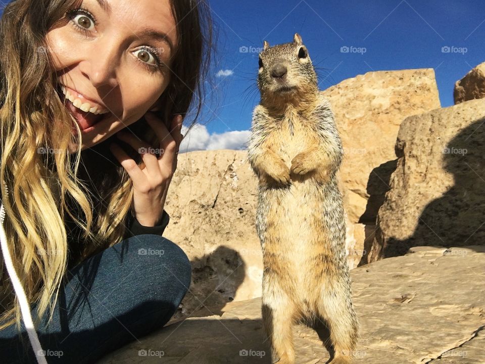 Selfie with squirrel at the Grand Canyon.