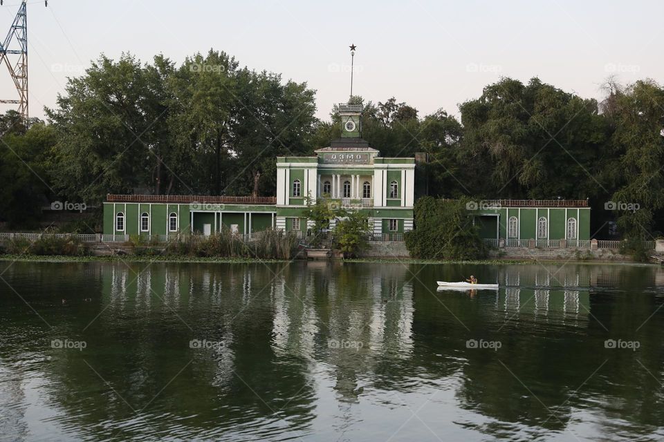kayak on the river in city. summer time