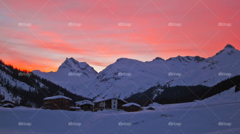 Red sunset in the Alps. 