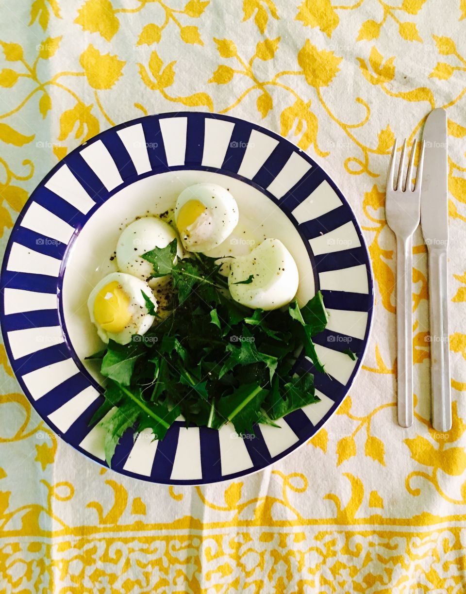Healthy meal of eggs and wild dandelion greens. 