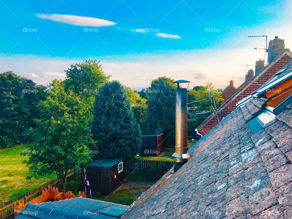 A rooftop with a view, chimney, trees, gardens.
