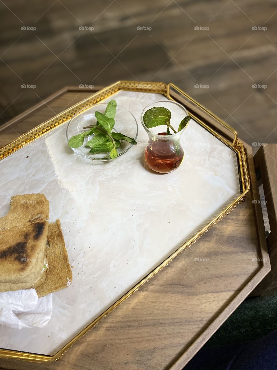 Tea with mint and cheese sandwich 🍵