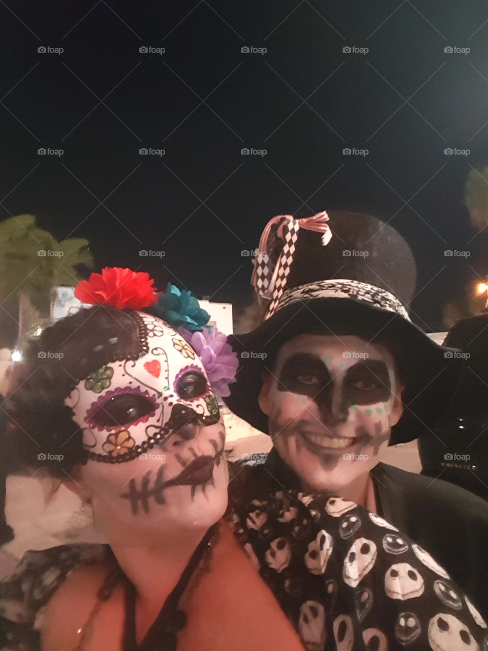 day of the dead, skeletons, face paint, party, mask, top hat, couple, guy, girl, man, woman