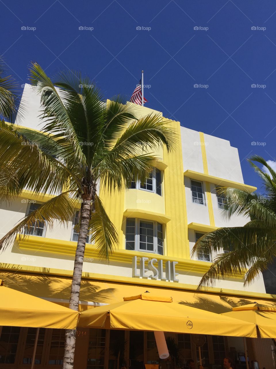Miami Beach. Art Deco style hotel with palm trees at Miami Beach, Florida